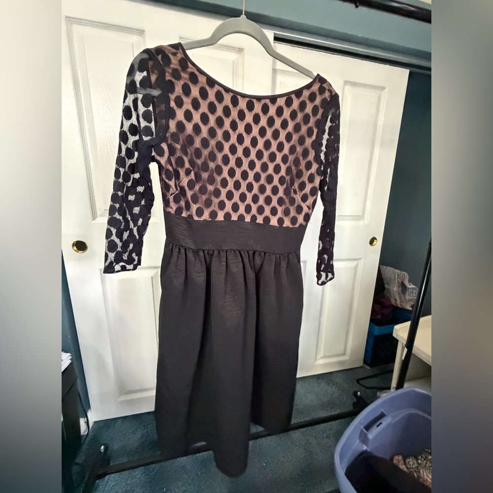 Eliza J Black Dress with Blush Polka-Dot Bodice and sheer sleeve. Size 6.